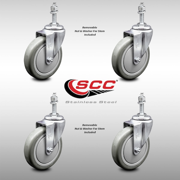 5 Inch SS Gray Polyurethane Wheel Swivel 3/8 Inch Threaded Stem Caster Set SCC